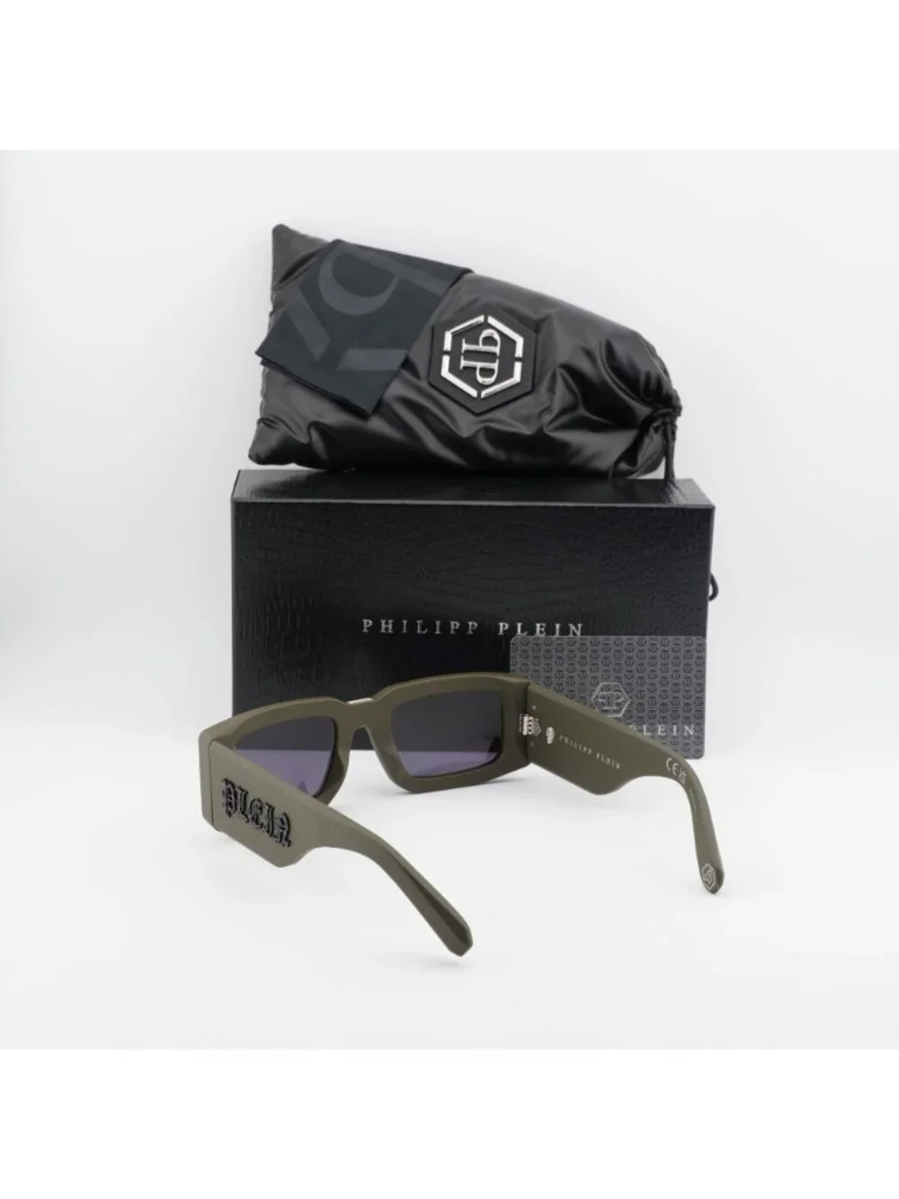 Philipp Plein SPP149 0C02 Unisex Sunglasses Green Rectangle Frame, Blue Lenses